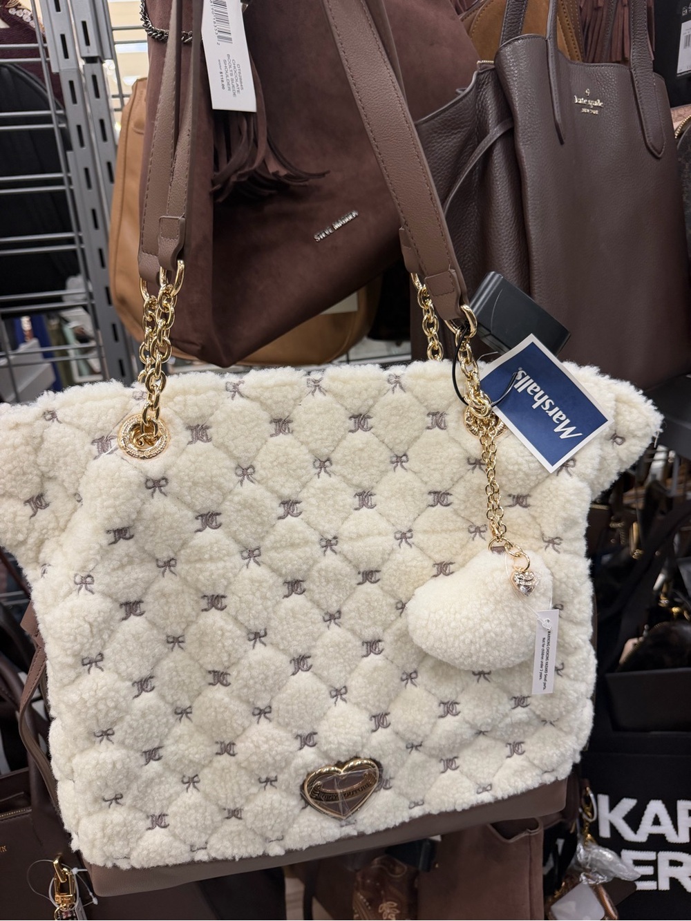 Juicy Couture Cream Quilted Sherpa Tote with Heart Charm